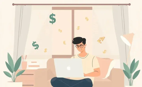 A freelancer at their desk with currency symbols floating around