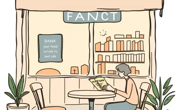 Person reading a bank guidebook at a French café