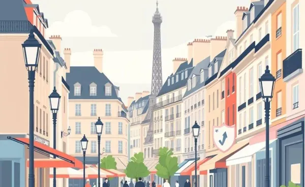 A cartoon of a French street with life insurance symbolism