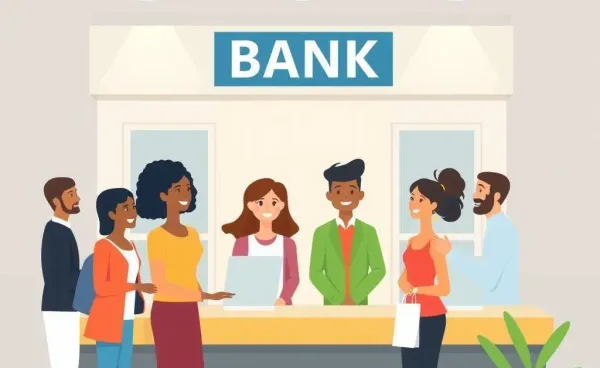 Illustration of a friendly bank scene with diverse people interacting with bank tellers