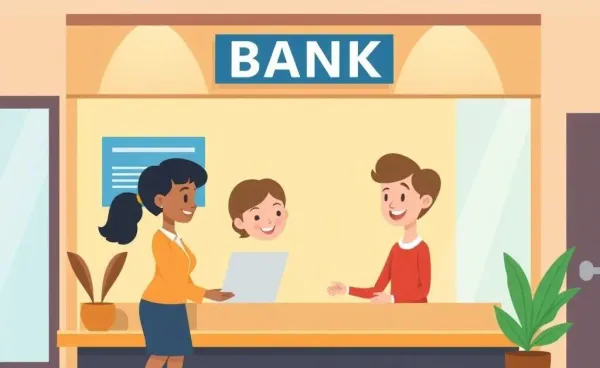 A smiling bank teller behind the counter assisting a customer in a friendly cartoon-style setting