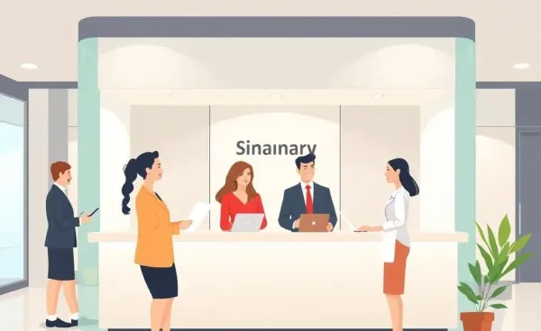 Illustration of people discussing finances at a modern bank counter