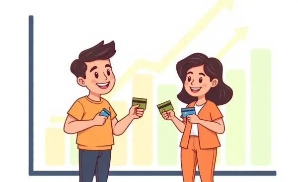 Two people discussing credit cards against a financial graph backdrop