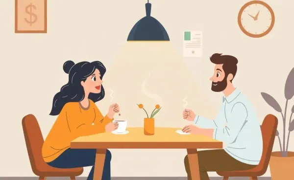 A warm cartoon illustration of friends discussing credit over coffee at a cozy table.