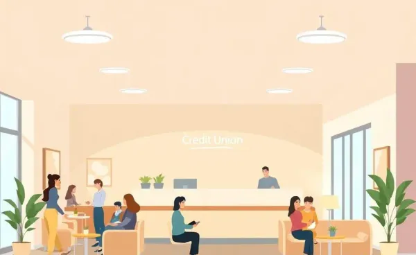 A cartoon depiction of a welcoming credit union building with personable staff