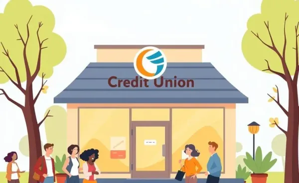A cartoon-style illustration of a welcoming credit union building.