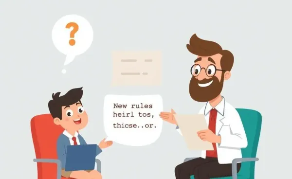 A cartoon illustration of a friendly insurance agent explaining new rules to a curious client