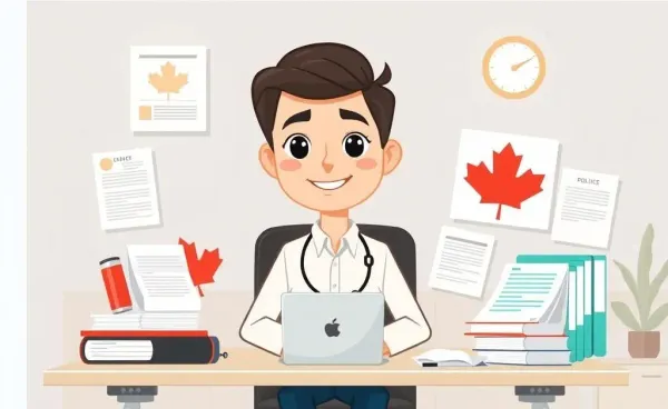 A cartoon of a friendly insurance agent in Canada