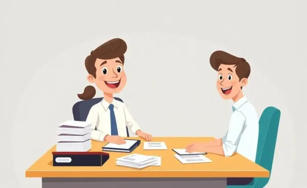 A cartoon of a loan officer and a client discussing paperwork at a desk