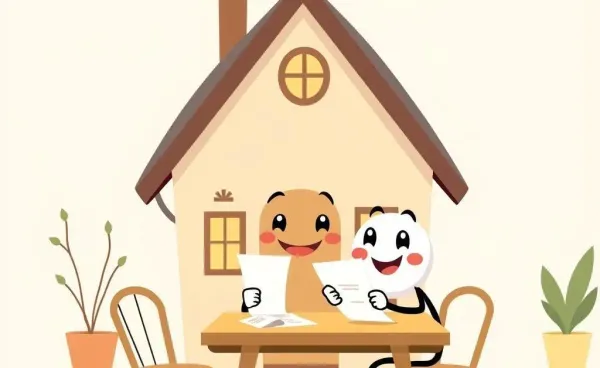 Illustration of a cartoon house and mortgage document reviewing paperwork