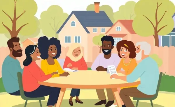 Illustration of people discussing insurance around a table