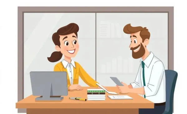 A cartoon-style banker assisting a client at a desk.