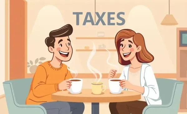 Two friends discussing taxes over coffee