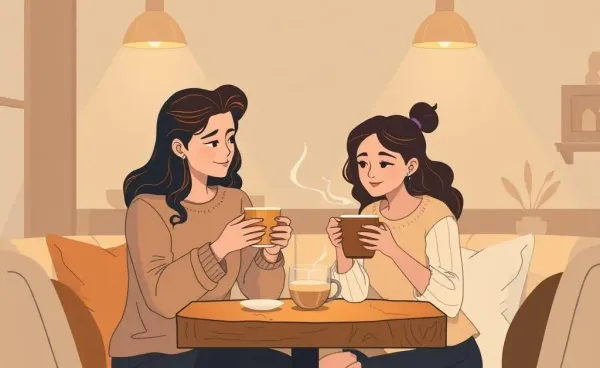Two friends with different drinks in a cozy cafe setting