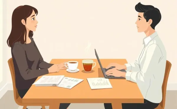 Two friends discussing personal finance over tea.