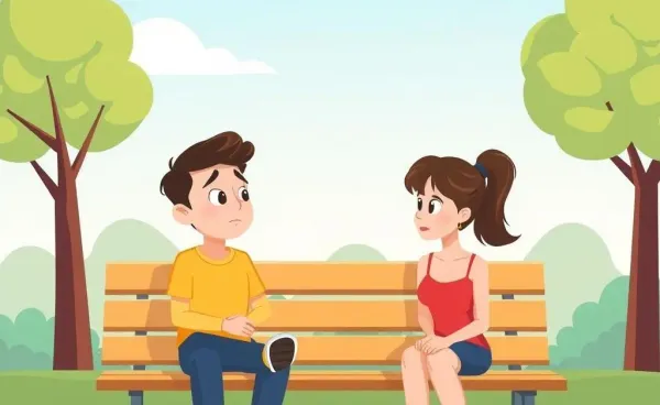 Two friends having a serious conversation on a park bench