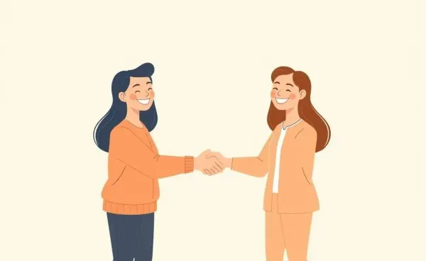 Two friends reconciling after an argument, smiling and shaking hands.