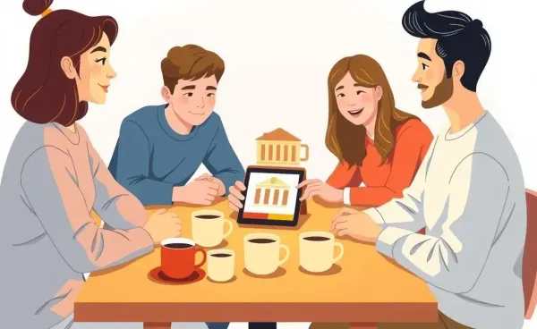 Friends discussing money transfers over coffee