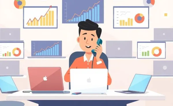 Cartoon of a person on a call with customer support surrounded by financial charts