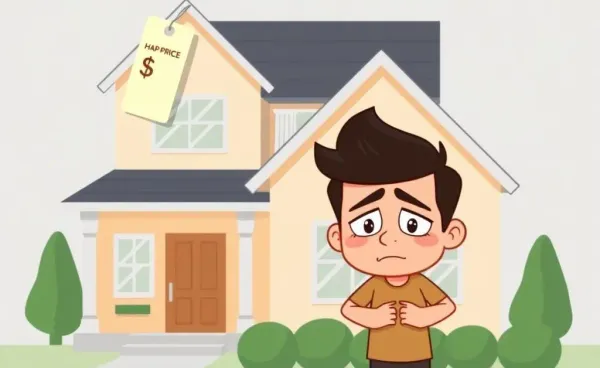 A cartoon of a frustrated individual staring at a house with a high price tag