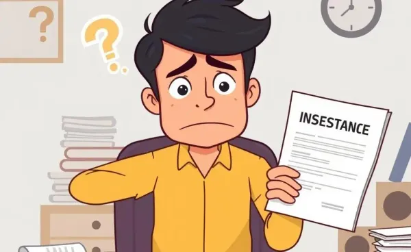 A frustrated person looking at an insurance policy at a desk.