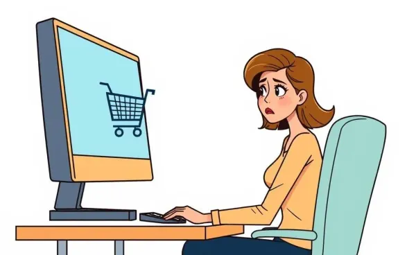 A woman sitting at a computer, staring concernedly at her online shopping cart on screen.