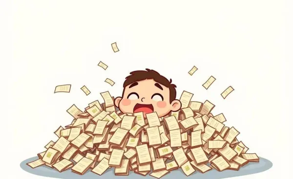 A cartoon character overwhelmed by a pile of receipts representing small purchases