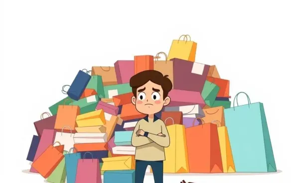 A cartoon person looking confused at a pile of shopping bags