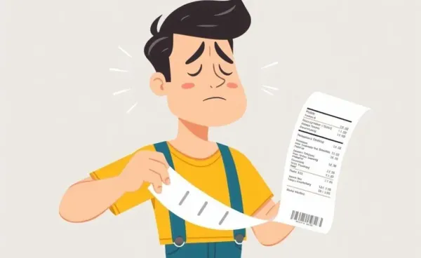 A cartoon image of a man overwhelmed by a long grocery receipt