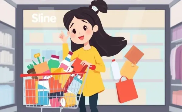 A cartoon woman overwhelmed with an overflowing online shopping cart