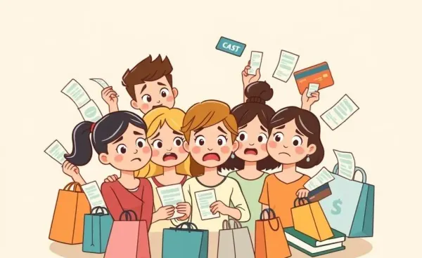A group of friends realizing their expenses, mixed expressions of worry and laughter