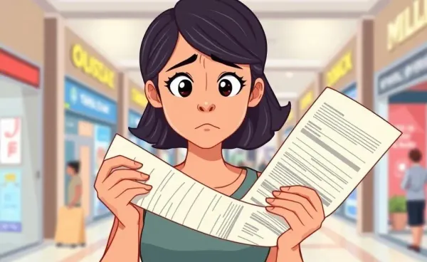 A young adult overwhelmed by a long list of shopping expenses