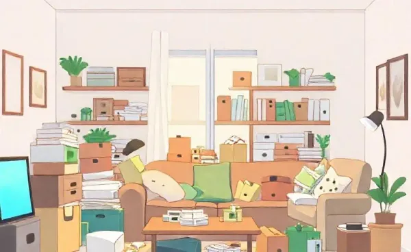A cartoon home bursting with unopened online shopping packages.
