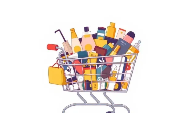A cartoon image of an overflowing shopping cart filled with small luxury items.