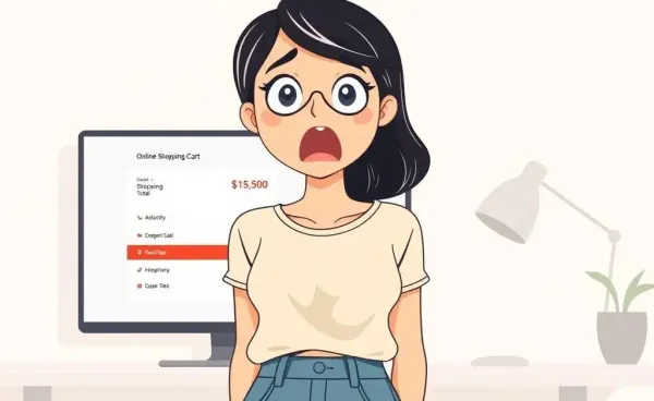 Mia surprised at her shopping cart total, symbolizing unexpected spending