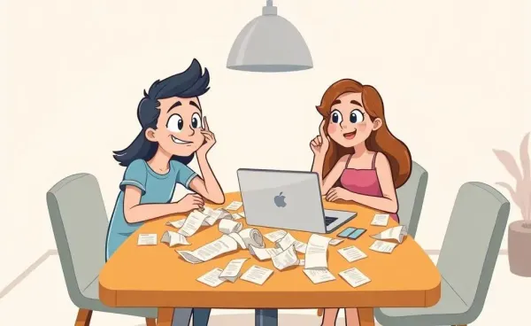 Two friends puzzled over a table full of receipts and a laptop