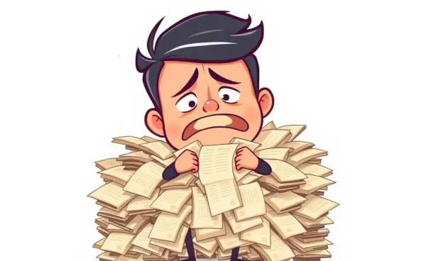 A cartoon character humorously overwhelmed by a long list of expenses