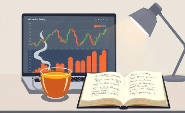 An inviting workspace with a laptop displaying stock charts and a cup of tea.