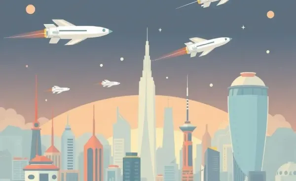 A futuristic city with space shuttles flying in the sky
