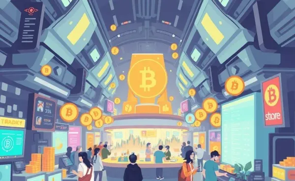 Cartoon illustration of a vibrant, futuristic cryptocurrency marketplace