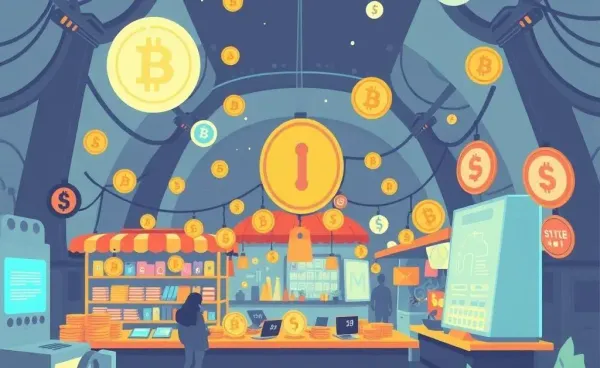 Illustration of a futuristic crypto marketplace.