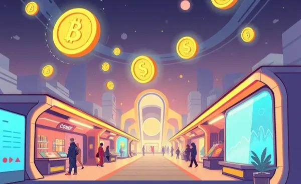 A futuristic marketplace with floating digital coins