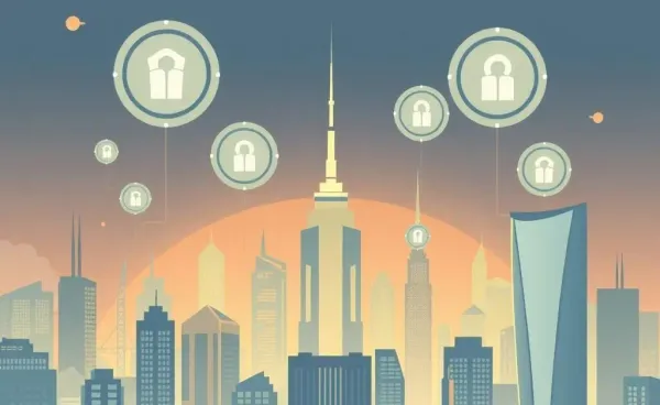 A digital illustration of a futuristic city with insurance icons hovering.