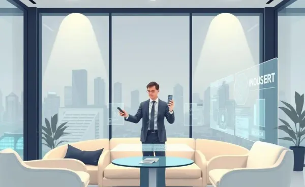 A futuristic office with an insurance agent using advanced technology.