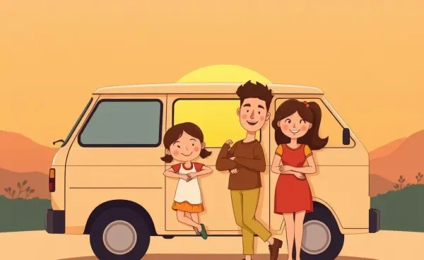A family happily leaning against their car at sunset