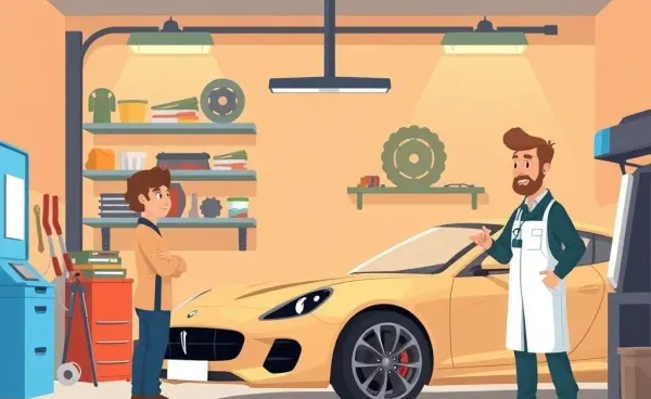 Mechanic explaining car repairs to a customer in a garage setting