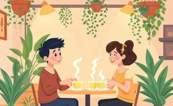 Two people having a warm conversation in a cozy cafe.