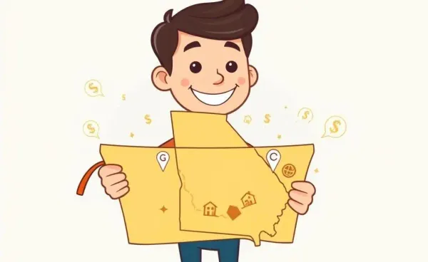 Cartoon image of a guide with a financial map of Georgia