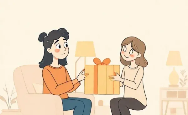 Two friends exchanging a large gift with puzzled expressions
