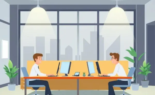 An illustration of a global broking company office setting